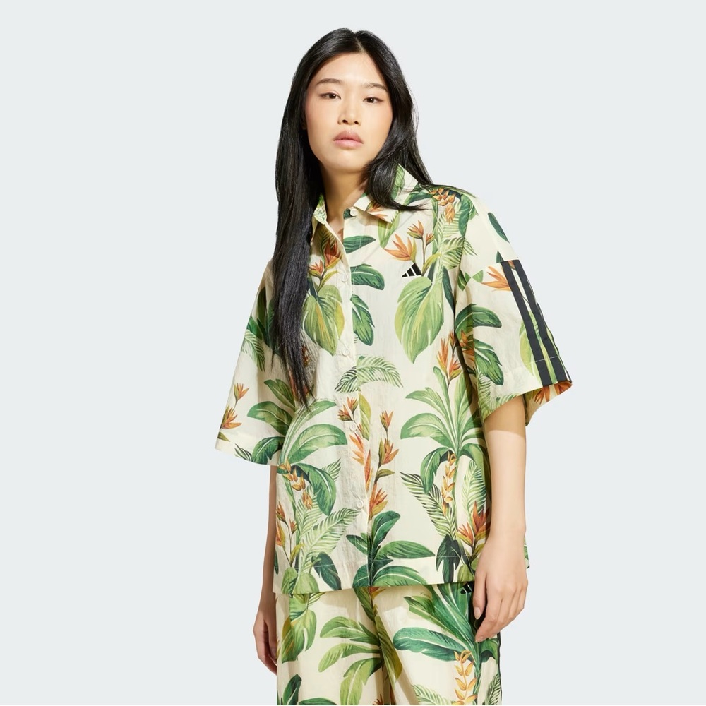 FARM Rio Green and White Bell Sleeve Button Down Top